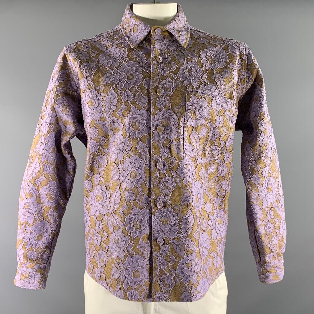 AKNVAS Size L Lavender Khaki Lace Polyester Button Up Long Sleeve Shirt